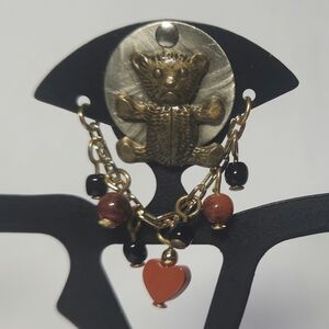 Vintage Teddy Bear Danling Bead Heart Brooch Pin
